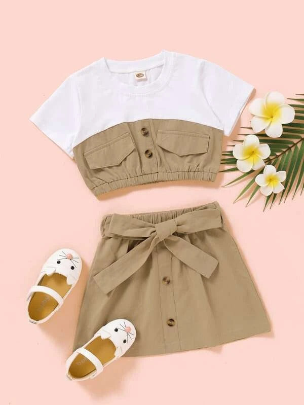 Toddler Girls Button Front Tee With Belted Skirt
