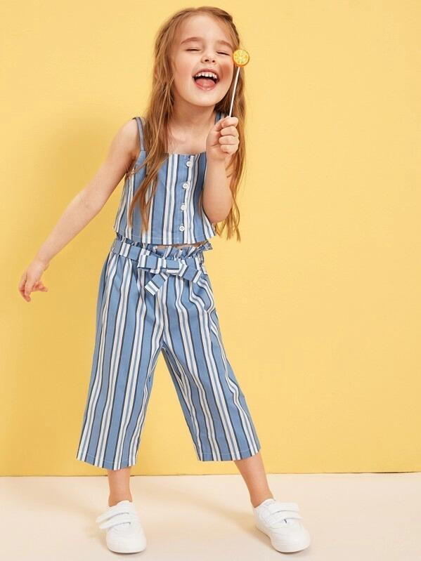 Toddler Girls Striped Straps Blouse With Paperbag Waist Pants