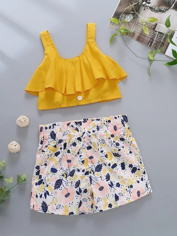 Toddler Girls Ruffle Trim Crop Top With Floral Print Shorts
