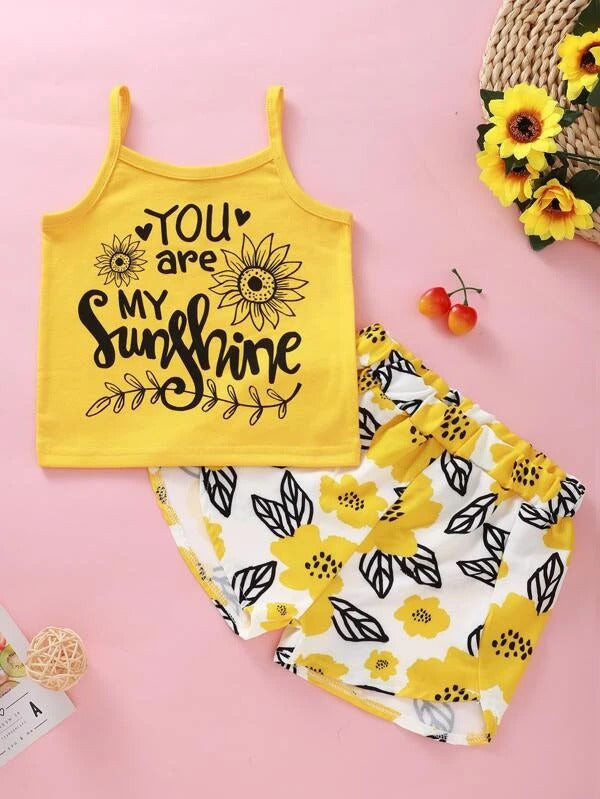 Toddler Girls Floral And Slogan Graphic Cami Top & Shorts