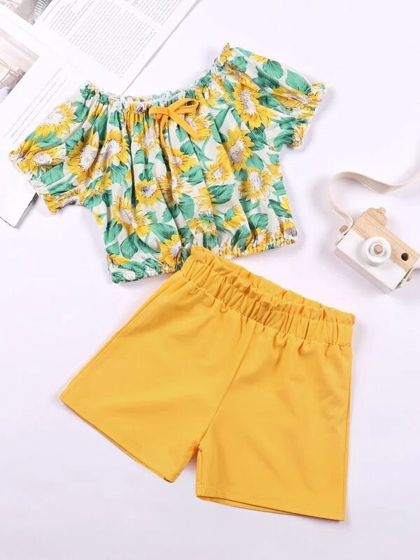 Toddler Girls Sunflower Bow Front Blouse With Shorts