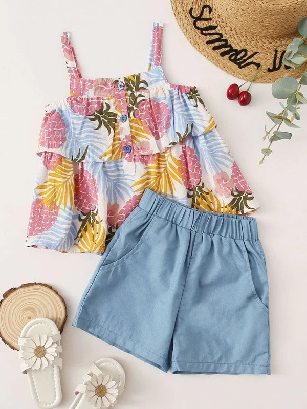Toddler Girls Tropical Print Half Button Cami Top With Shorts