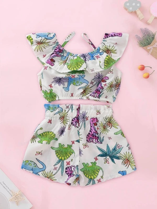 Toddler Girls Floral & Cartoon Dinosaur Blouse With Shorts