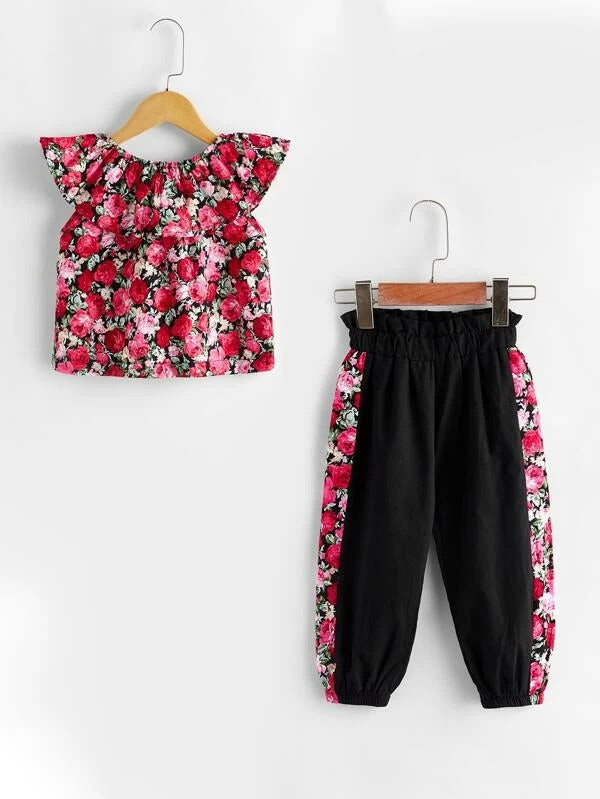 Toddler Girls Floral Print Blouse With Paperbag Pants