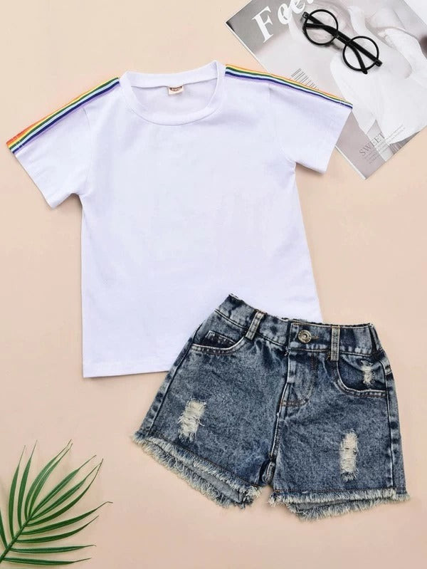Toddler Girls Contrast Striped Tee With Denim Shorts