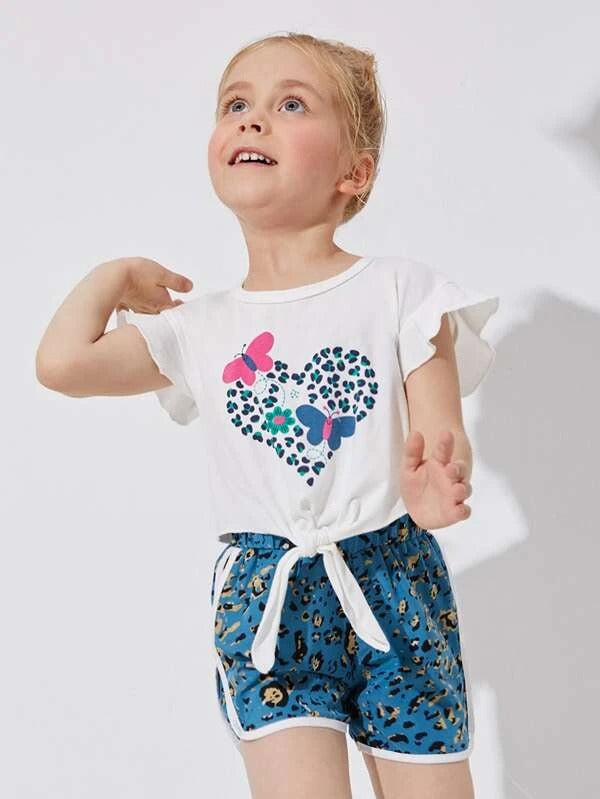 Toddler Girls Heart & Cartoon Graphic Knot Tee With Shorts