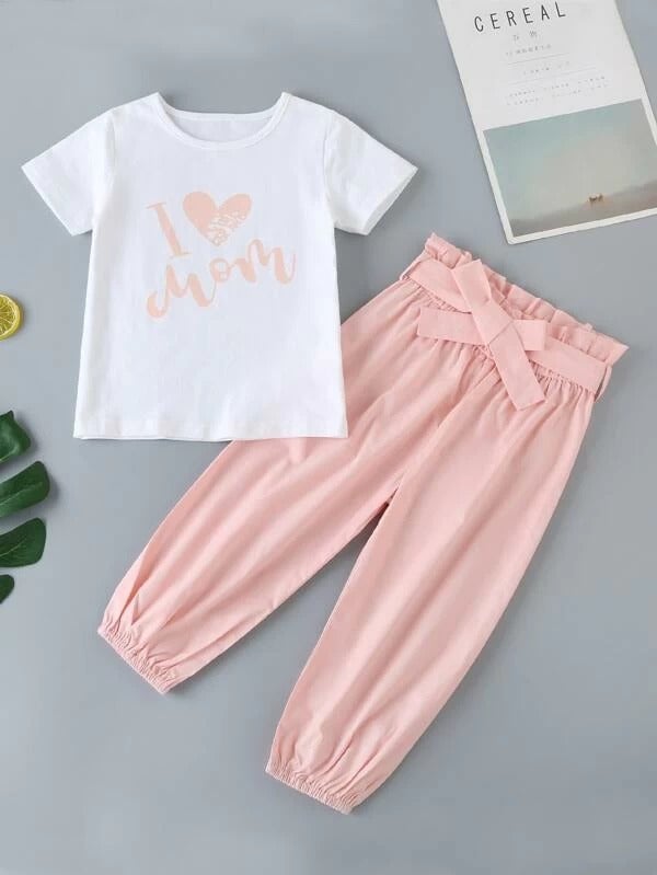 Toddler Girls Heart & Slogan Graphic Tee & Belted Paperbag Pants