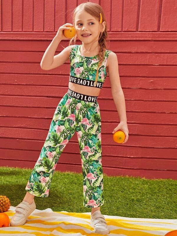 Toddler Girls Tropical Print Letter Tape Tank Top & Pants