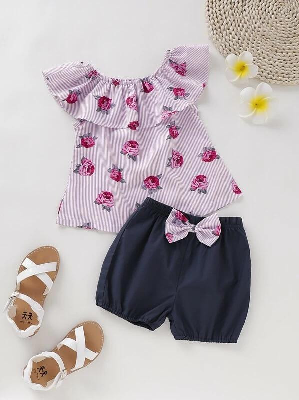 Toddler Girls Floral Print Blouse & Bow Front Shorts
