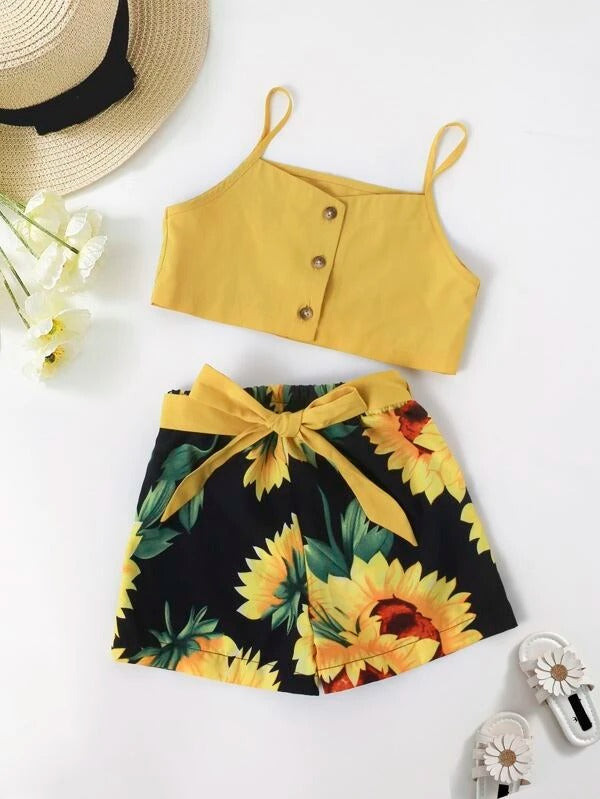 Toddler Girls Button Front Cami Top With Sunflower Belted Shorts