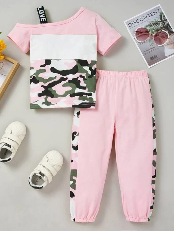 Toddler Girls Color-block Asymmetrical Neck Tee & Sweatpants