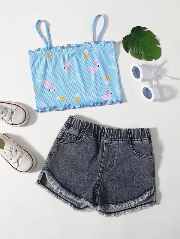Toddler Girls Flamingo & Pineapple Cami Top With Denim Shorts