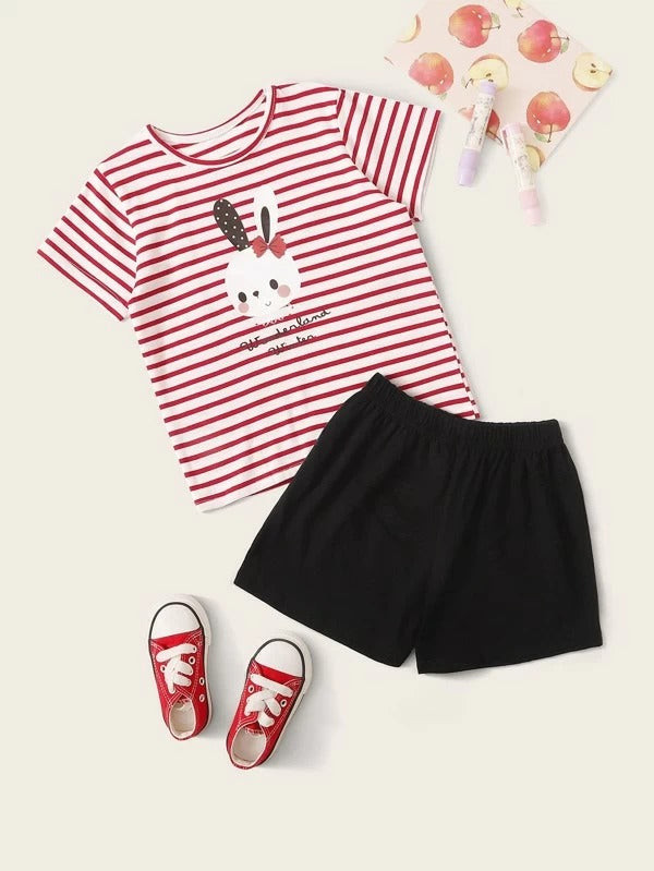 Toddler Girls Striped Rabbit Print Tee & Shorts