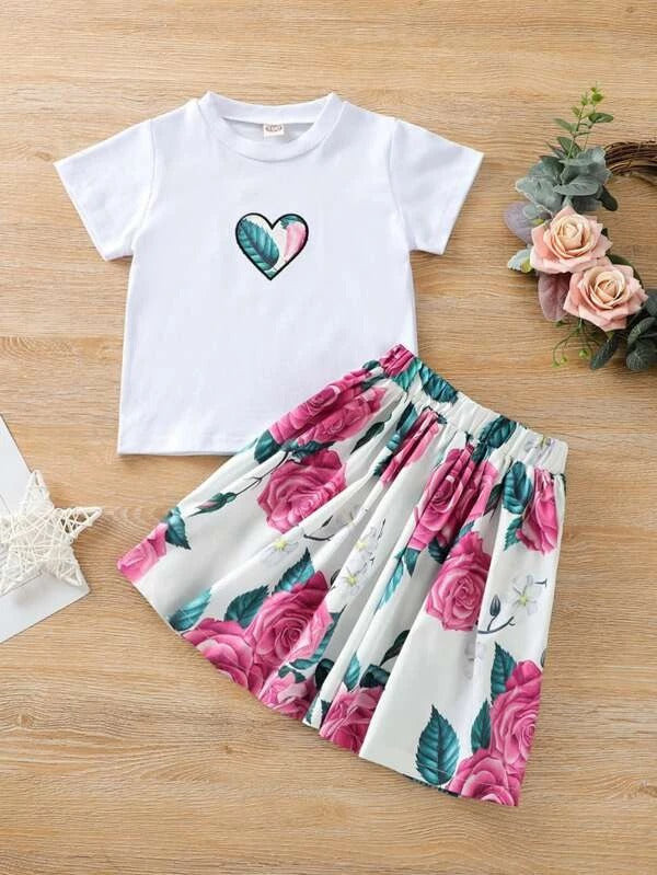 Toddler Girls Heart Embroidery Tee & Floral Print Skirt
