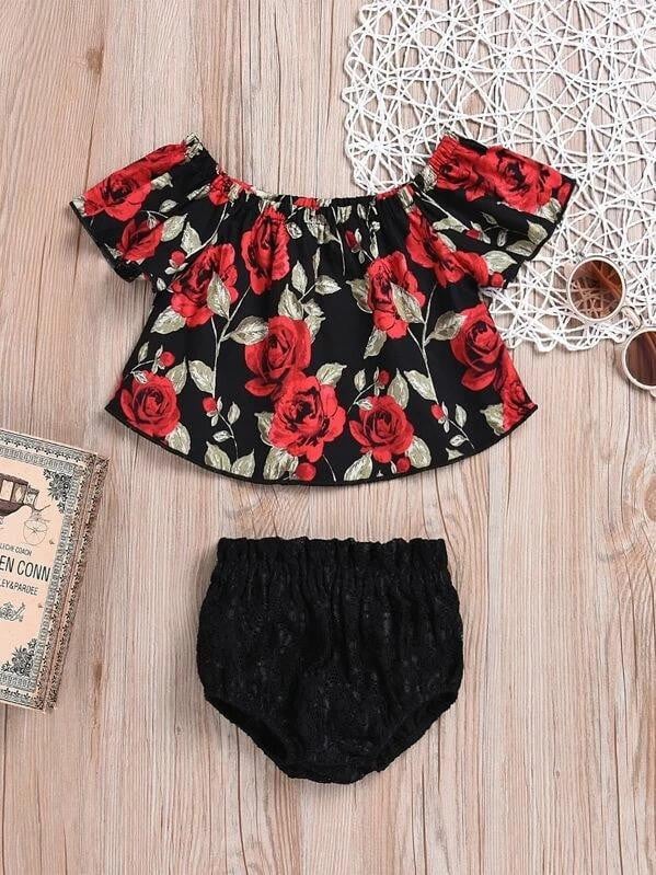 Toddler Girls Rose Print Curved Hem Top With Shorts
