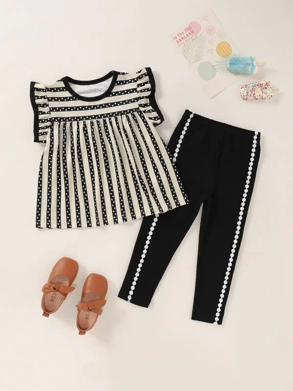 Toddler Girls Striped Ringer Top With Lace Insert Leggings