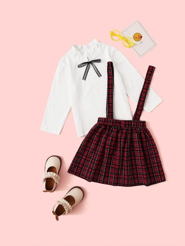 Toddler Girls Bow Neck Frill Blouse & Tartan Pinafore Skirt