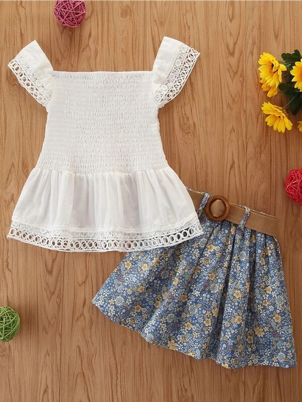 Toddler Girls Shirred Ruffle Hem Blouse & Belted Floral Skirt