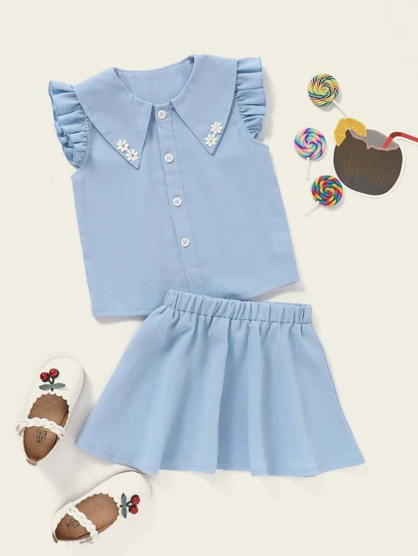 Toddler Girls Ruffle Trim Appliques Blouse & Skirt