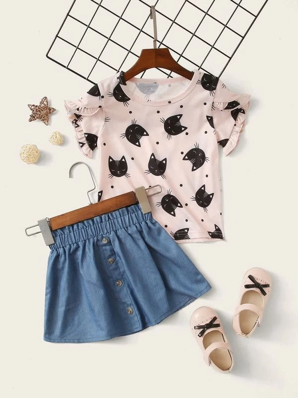 Toddler Girls Cat Graphic Tee & Paper Bag Waist Skirt