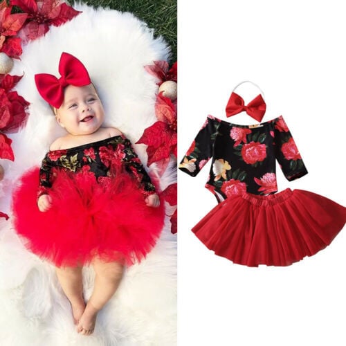Baby Girl Romper Jumpsuit and Tutu Skirt and Headband Outfit