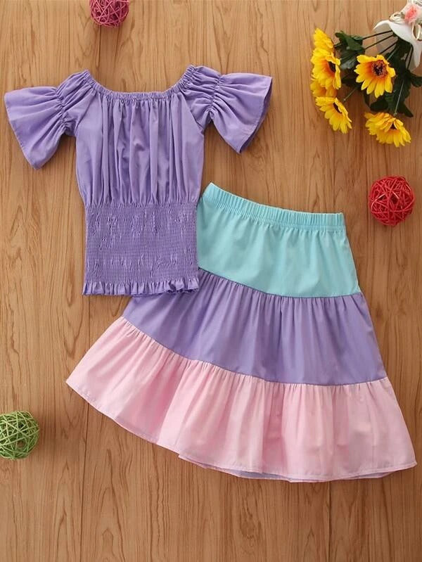 Toddler Girls Shirred Blouse & Cut & Sew Skirt