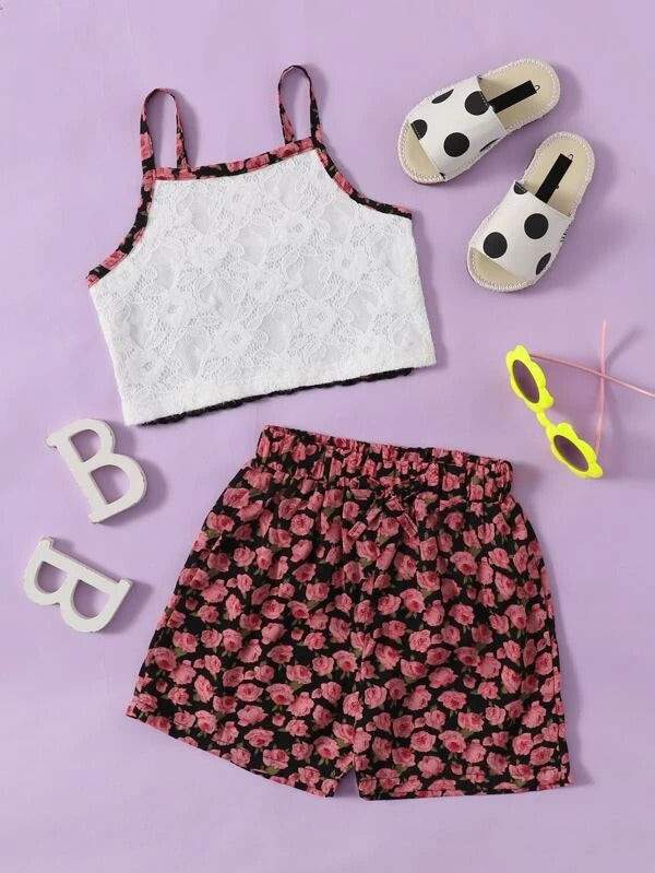 Toddler Girls Lace Panel Cami Top & Floral Shorts
