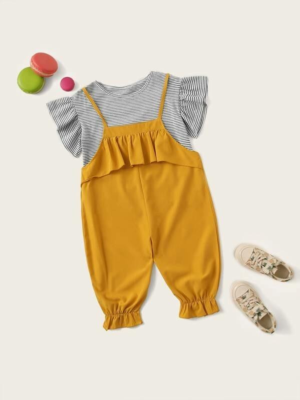 Toddler Girls Ruffle Cuff Striped Top With Jumpsuit