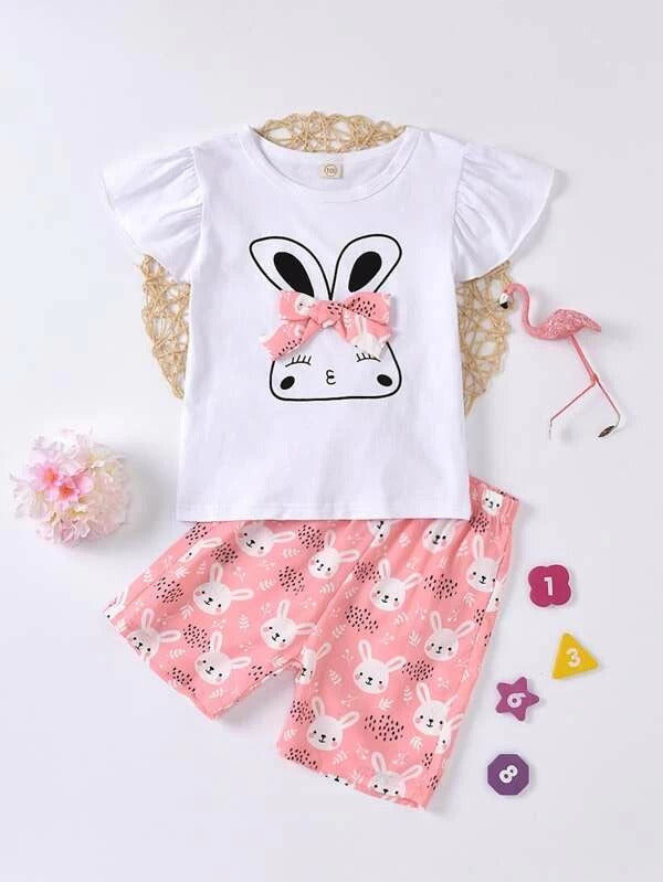 Toddler Girls Cartoon Rabbit Bow Front Tee & Shorts