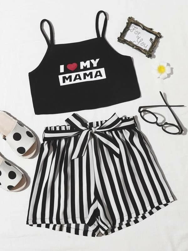 Toddler Girls Slogan Graphic Cami Top & Belted Striped Shorts