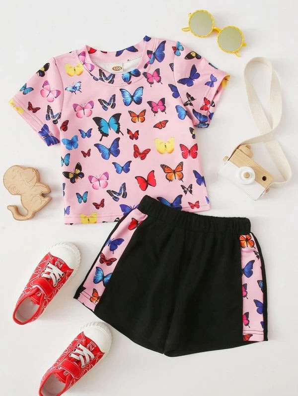 Toddler Girls Butterfly Print Tee With Track Shorts