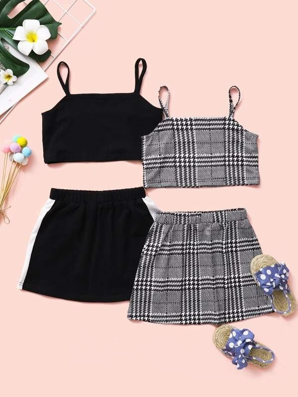 Toddler Girls 4pcs Plaid Cami Top & Skirt