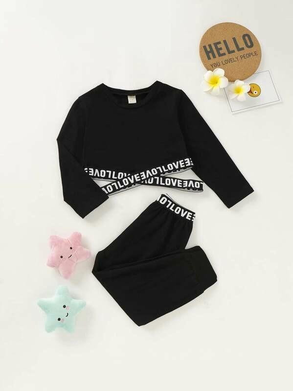 Toddler Girls Letter Tape Crop Tee With Sweatpants