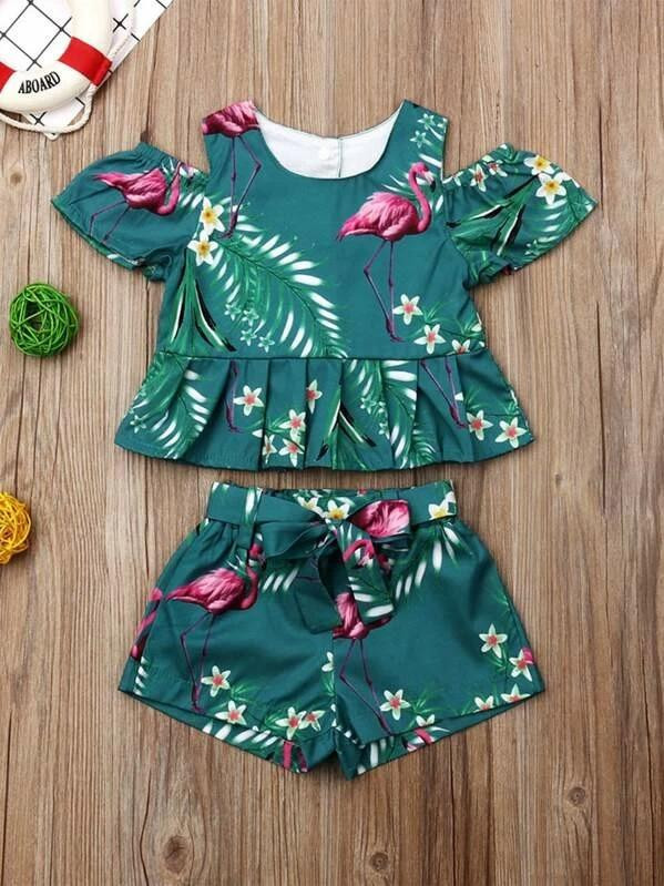 Toddler Girls Flamingo And Tropical Print Blouse With Belted Shorts