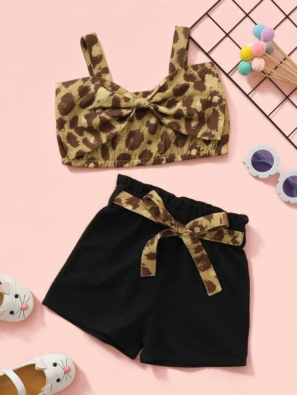 Toddler Girls Leopard Print Bow Front Cami Top & Belted Shorts