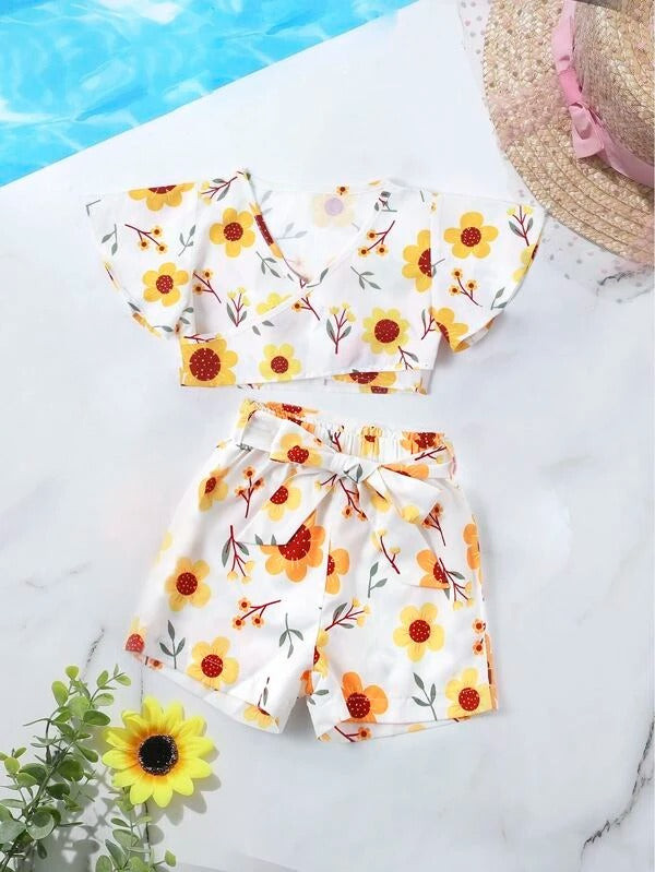 Toddler Girls Floral Print Wrap Top & Belted Shorts