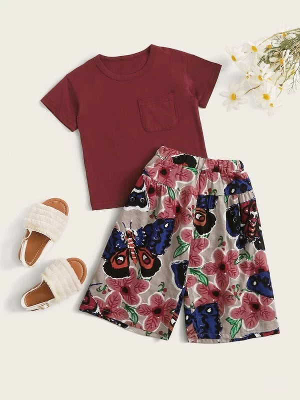 Toddler Girls Pocket Patched Tee & Butterfly And Floral Print Pants