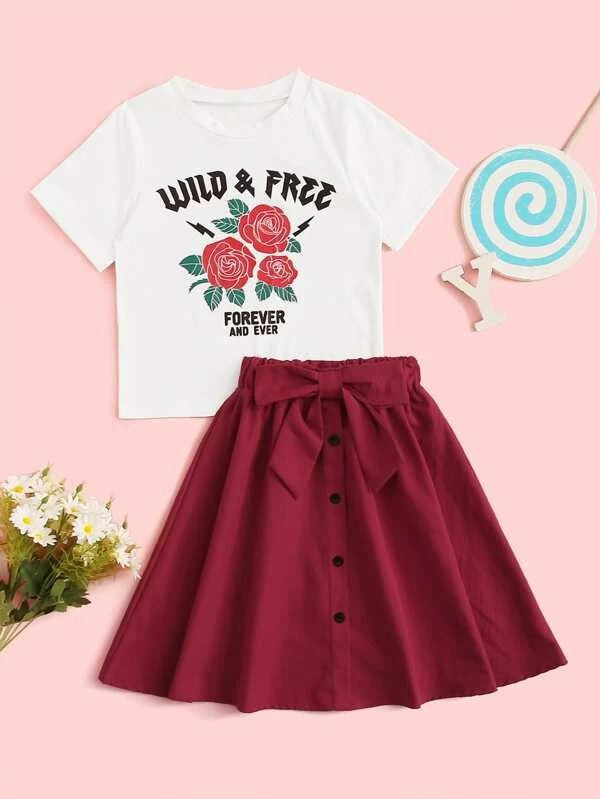 Toddler Girls Letter And Floral Print Tee & Bow Front Skirt