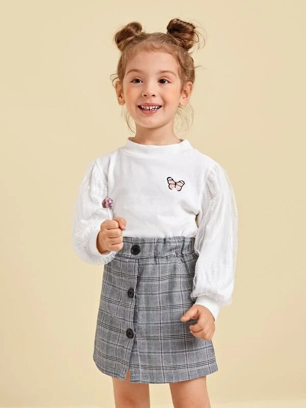 Toddler Girls Butterfly Pattern Tee & Plaid Button Front Skirt
