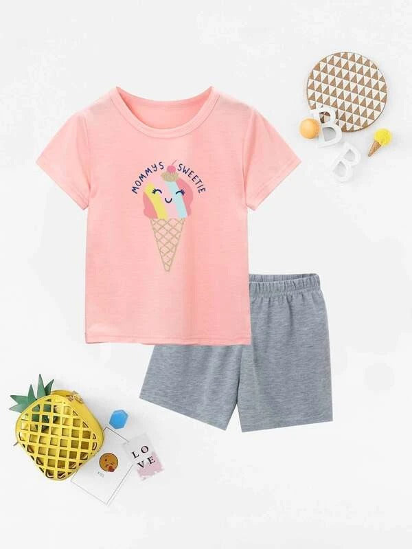 Toddler Girls Ice-Cream and Letter Print Top & Shorts Set