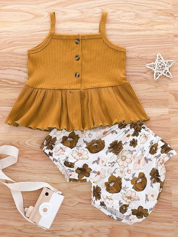 Toddler Girls Button Front Cami Top With Floral Shorts