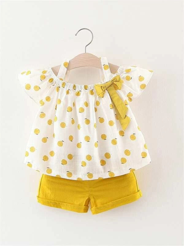 Toddler Girls Fruit Print Open Shoulder Top With Shorts