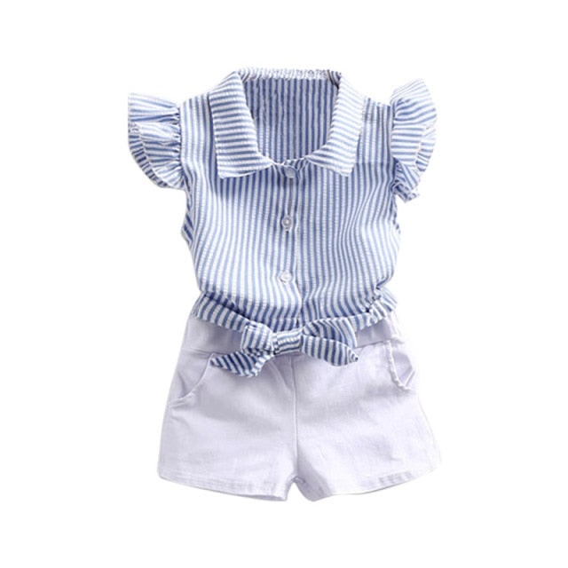 Girl Cotton Striped Shirt and White Shorts 2 Piece