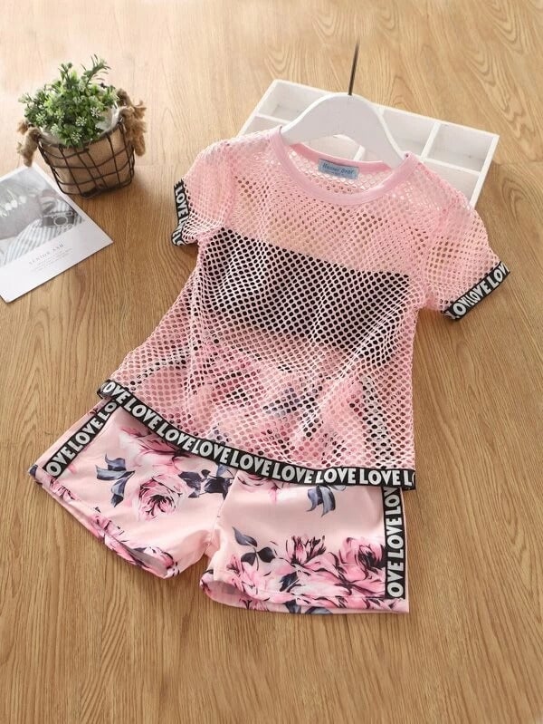 Toddler Girls Letter Tape Fishnet Top With Floral Shorts