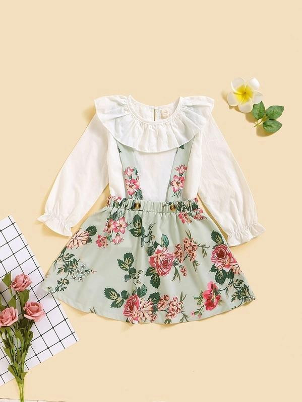 Toddler Girls Flounce Collar Blouse With Floral Skirt