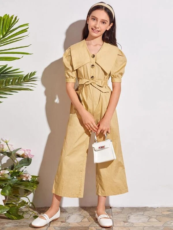 Girls Collared Puff Sleeve Buttoned Front Self Belted Wide Leg Jumpsuit
