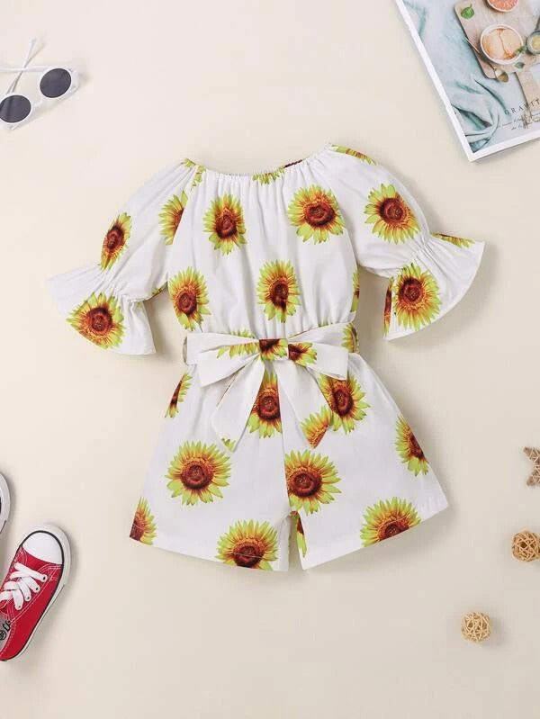 Toddler Girls Sunflower Print Belted Jumpsuit