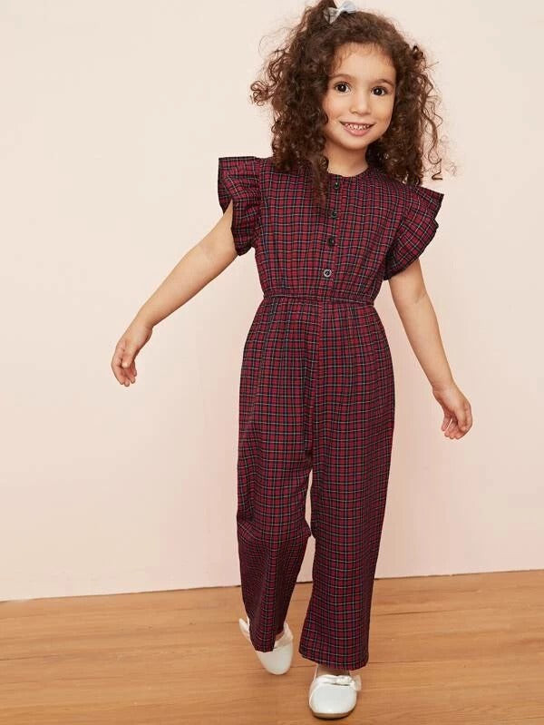 Toddler Girls Plaid Ruffle Cuff Button Front Jumpsuit