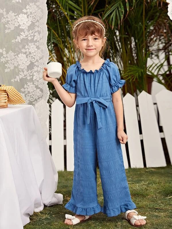 Toddler Girls Solid Ruffle Trim Belted Jumpsuit