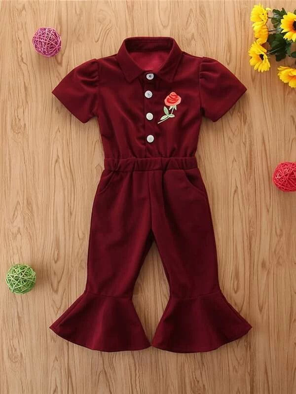 Toddler Girls Floral Embroidery Flare Leg Shirt Jumpsuit